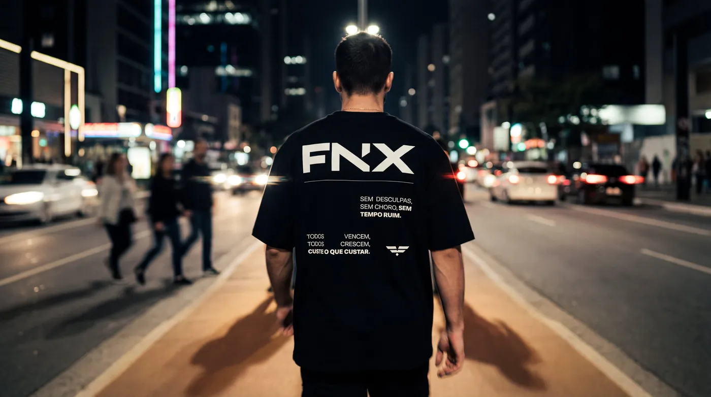 Homem de costas na Avenida Paulista com camiseta preta estampada FNX