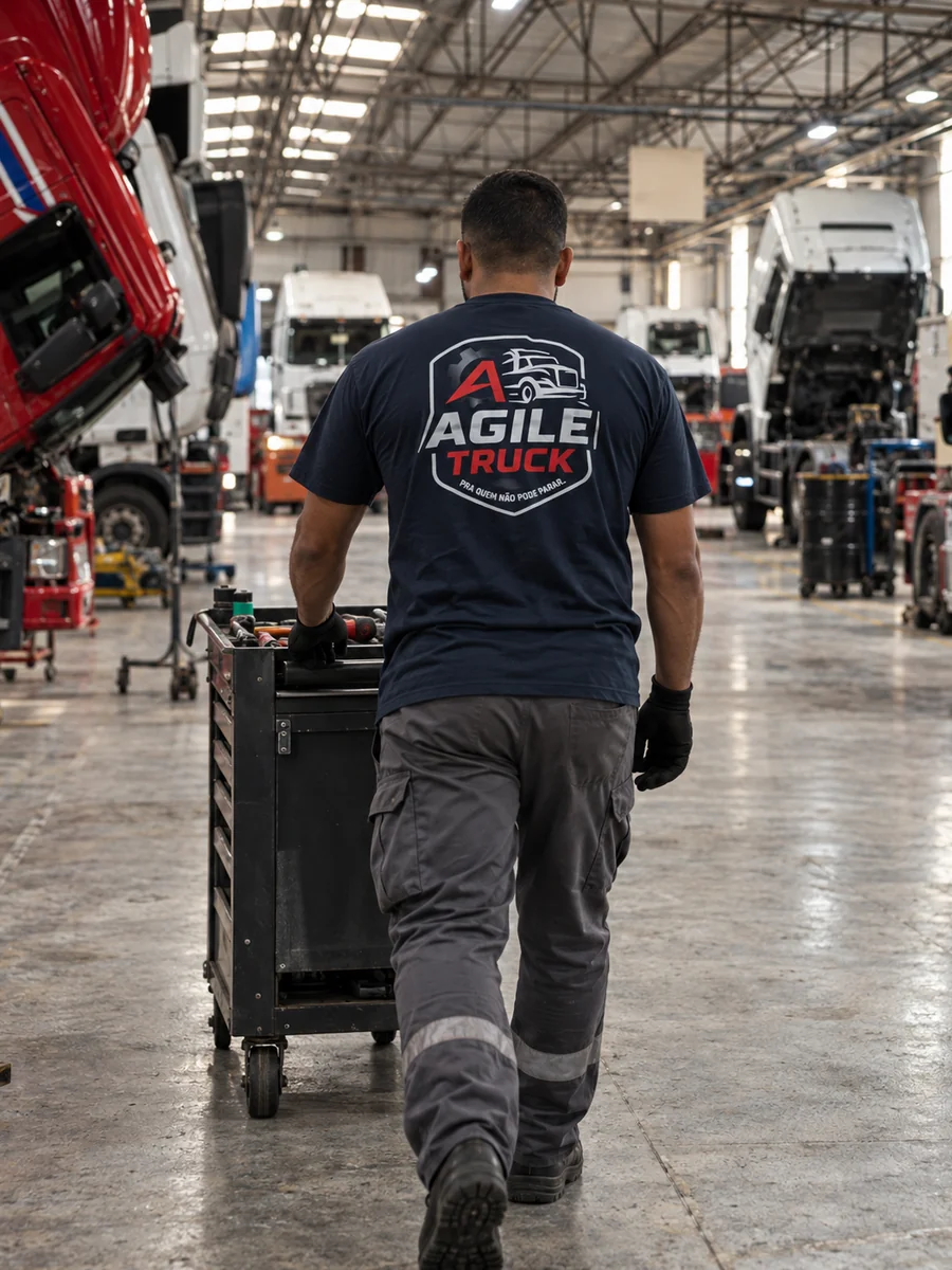 Mecânico da Agile Truck com camiseta personalizada na oficina